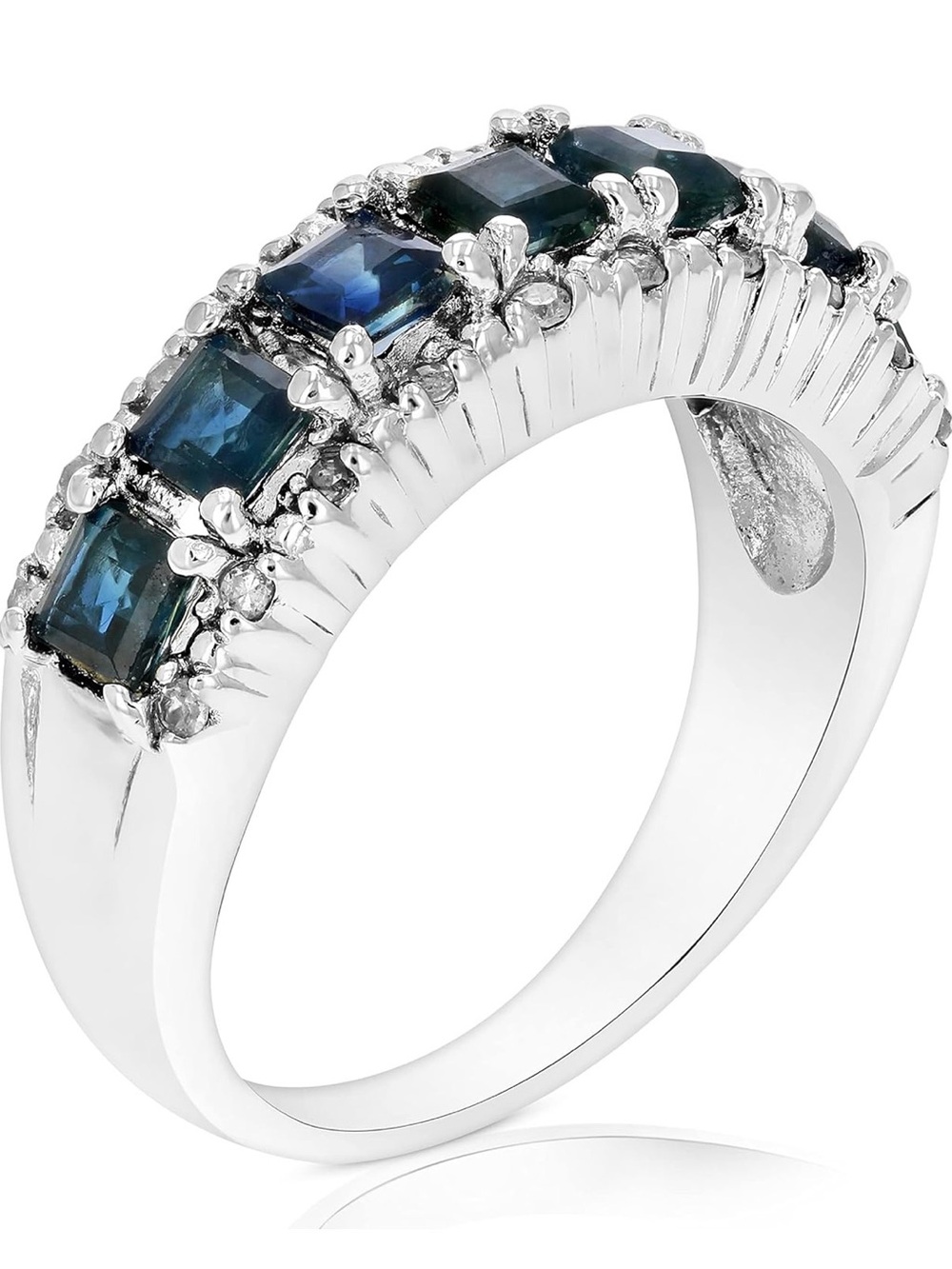 0.70 cttw Blue Sapphire and Diamond Ring .925 Sterling Silver Rhodium Princess